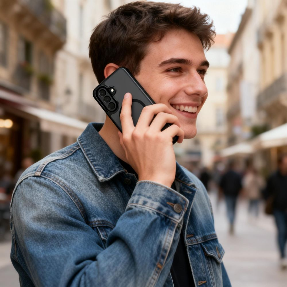 Ein junger Mann im Jeanshemd lächelt, während er im Freien telefoniert.