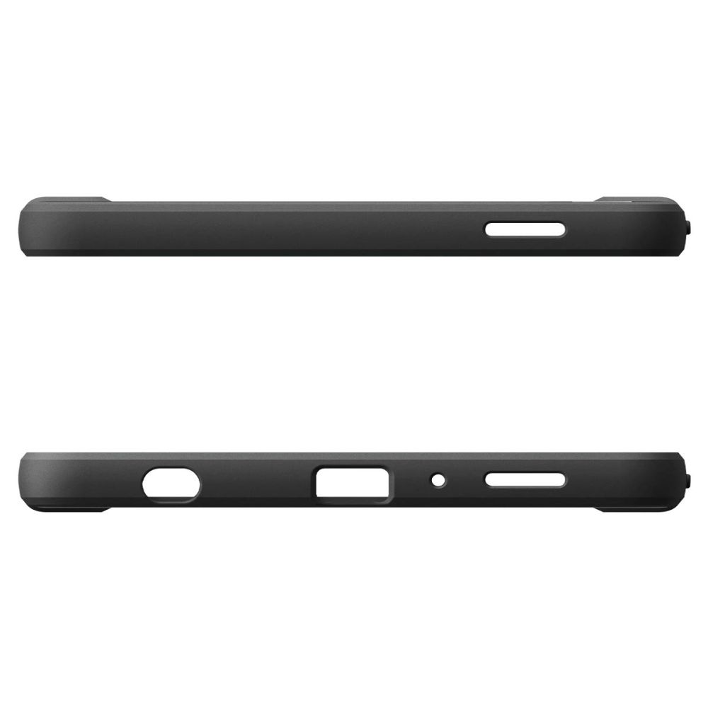 Seitenansichten einer schwarzen Smartphone-Hülle mit Aussparungen für Anschlüsse und Tasten.