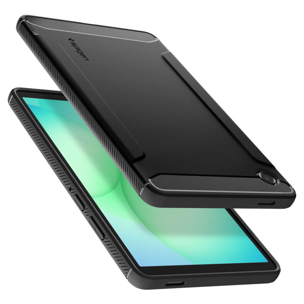 Ein Smartphone mit einer robusten schwarzen Schutzhülle und einem grün-türkisen Display.