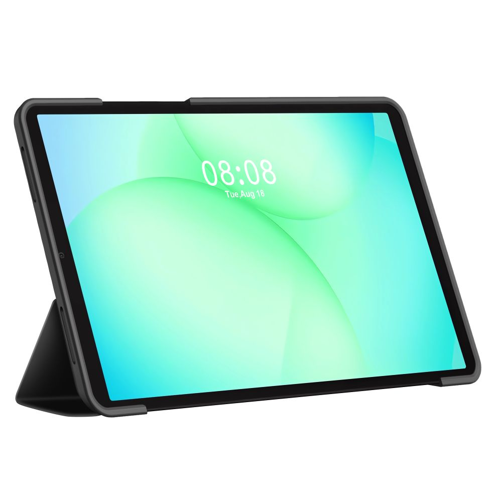 Un tablet in una custodia protettiva mostra l'ora e la data su uno sfondo verde chiaro.