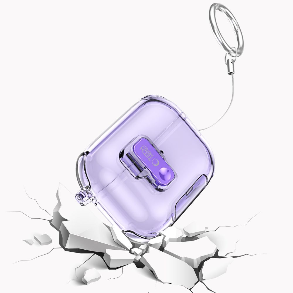 Lila transparente Hülle für AirPods über aufgebrochenem weißem Boden mit Schlüsselring.