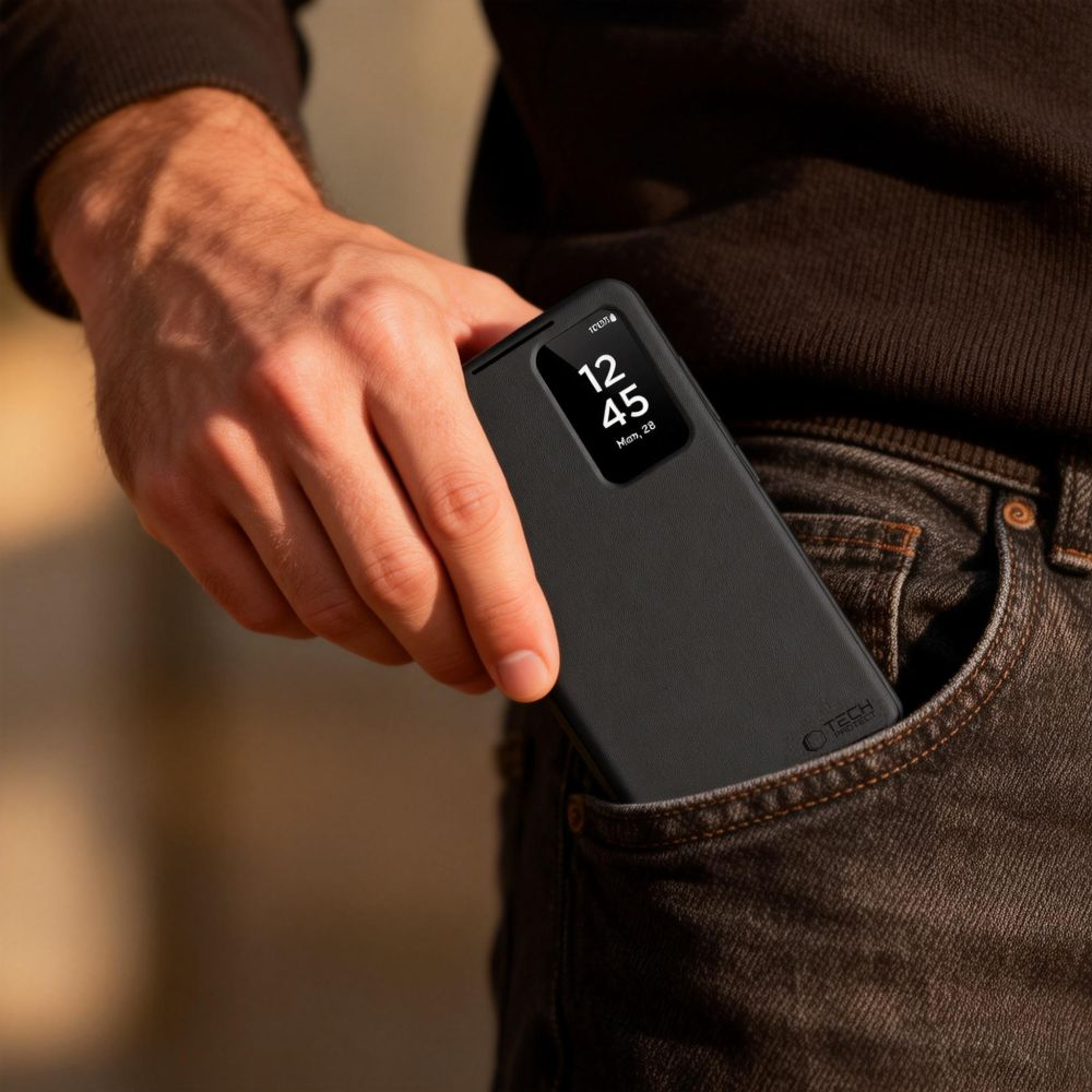 Ein Mann steckt ein schwarzes Smartphone in einer Schutzhülle in seine Jeans-Hosentasche.