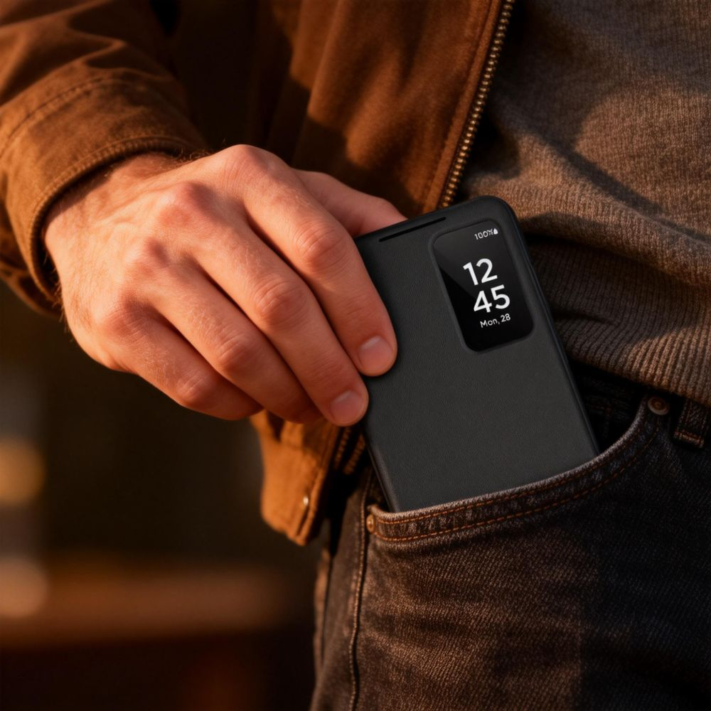 Eine Person steckt ein schwarzes Smartphone mit Digitaluhr in die Hosentasche.