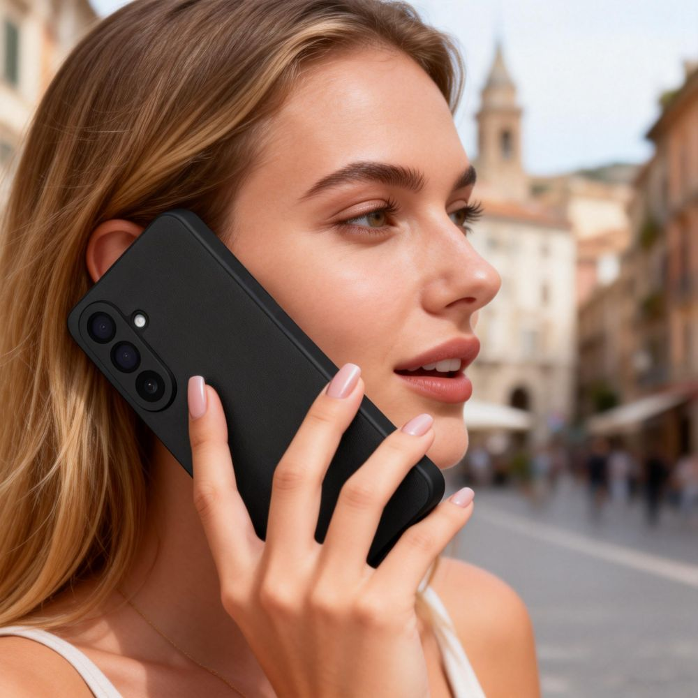 Eine blonde Frau telefoniert draußen mit einem schwarzen Smartphone.