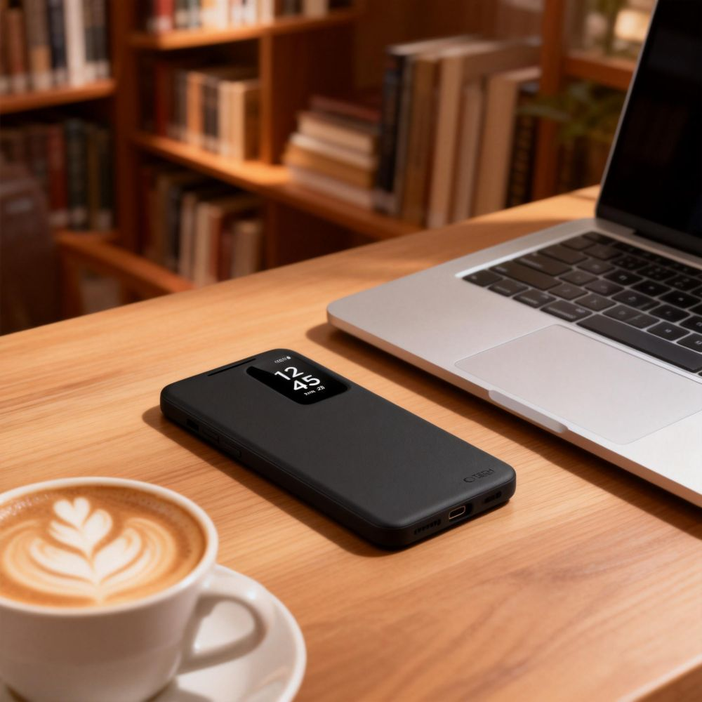 Ein Smartphone in Schutzhülle, ein Laptop und eine Kaffeetasse liegen auf einem Holztisch vor Bücherregalen.