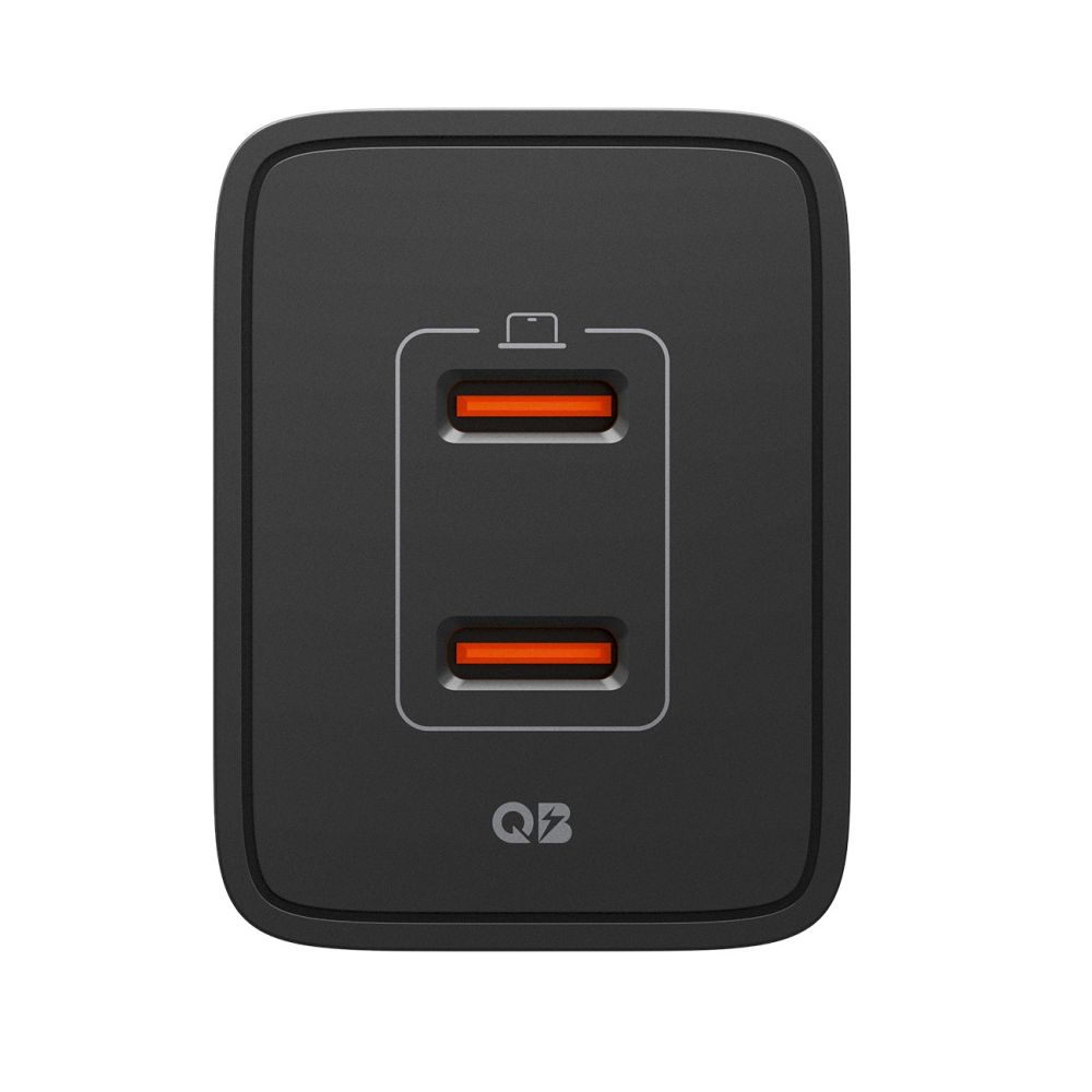 İki turuncu USB-C bağlantı noktasına ve dizüstü bilgisayar simgesine sahip siyah duvar şarj cihazı.