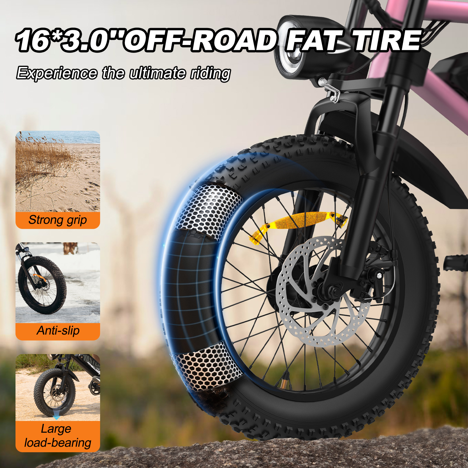 E-bike rosa con pneumatico largo da sterrato, luce anteriore e tre piccole immagini che mostrano la presa su sabbia, neve e terra.