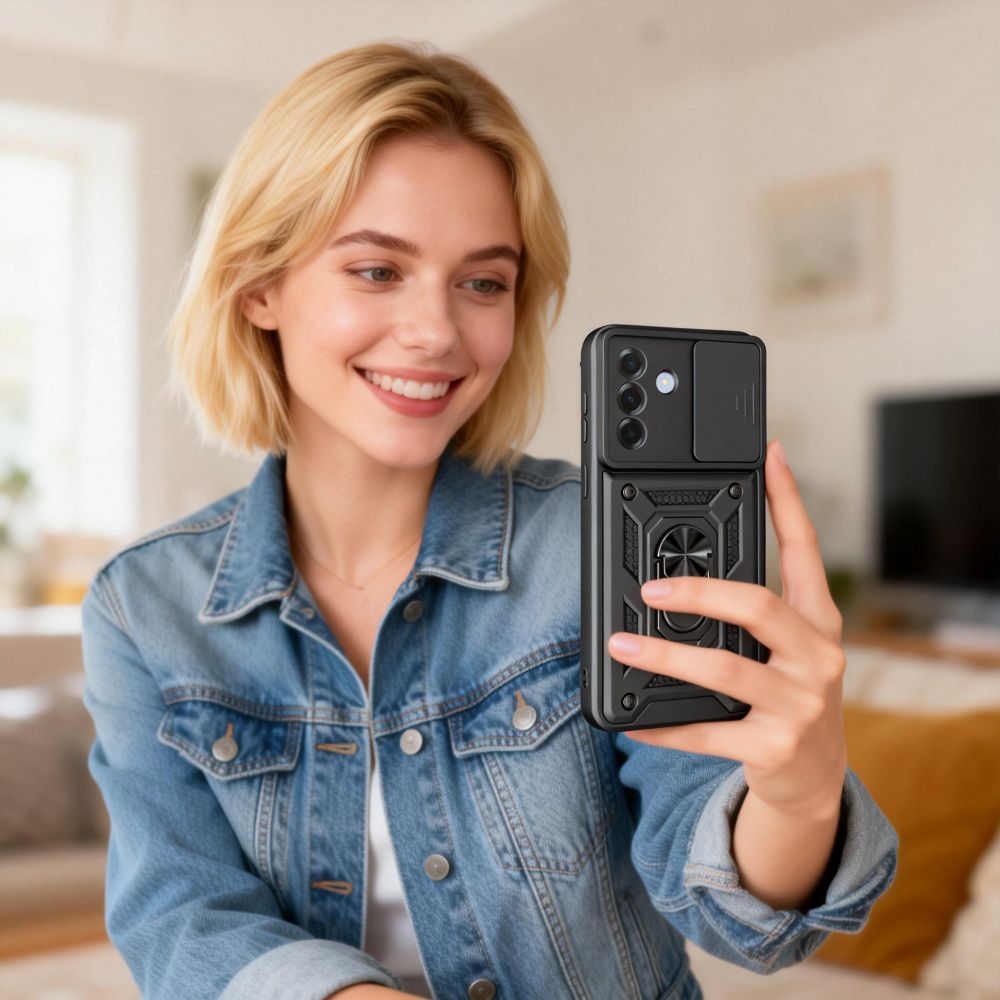 Eine blonde Frau lächelt und macht ein Selfie mit einem Smartphone im robusten schwarzen Gehäuse.