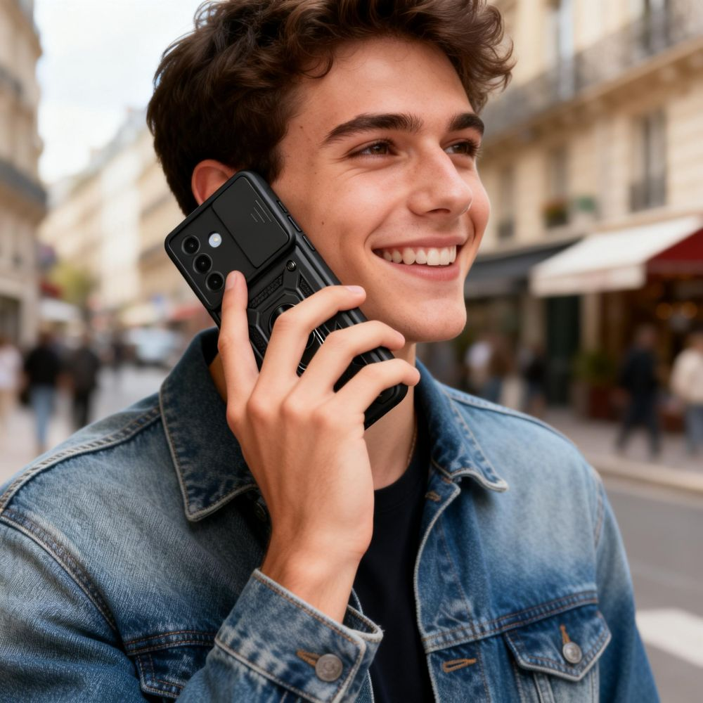 Junger Mann mit Jeansjacke telefoniert lächelnd auf einer belebten Straße.