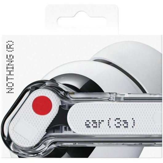 Primer plano del embalaje de los auriculares Nothing ear (a) blancos, mostrando el vástago transparente.