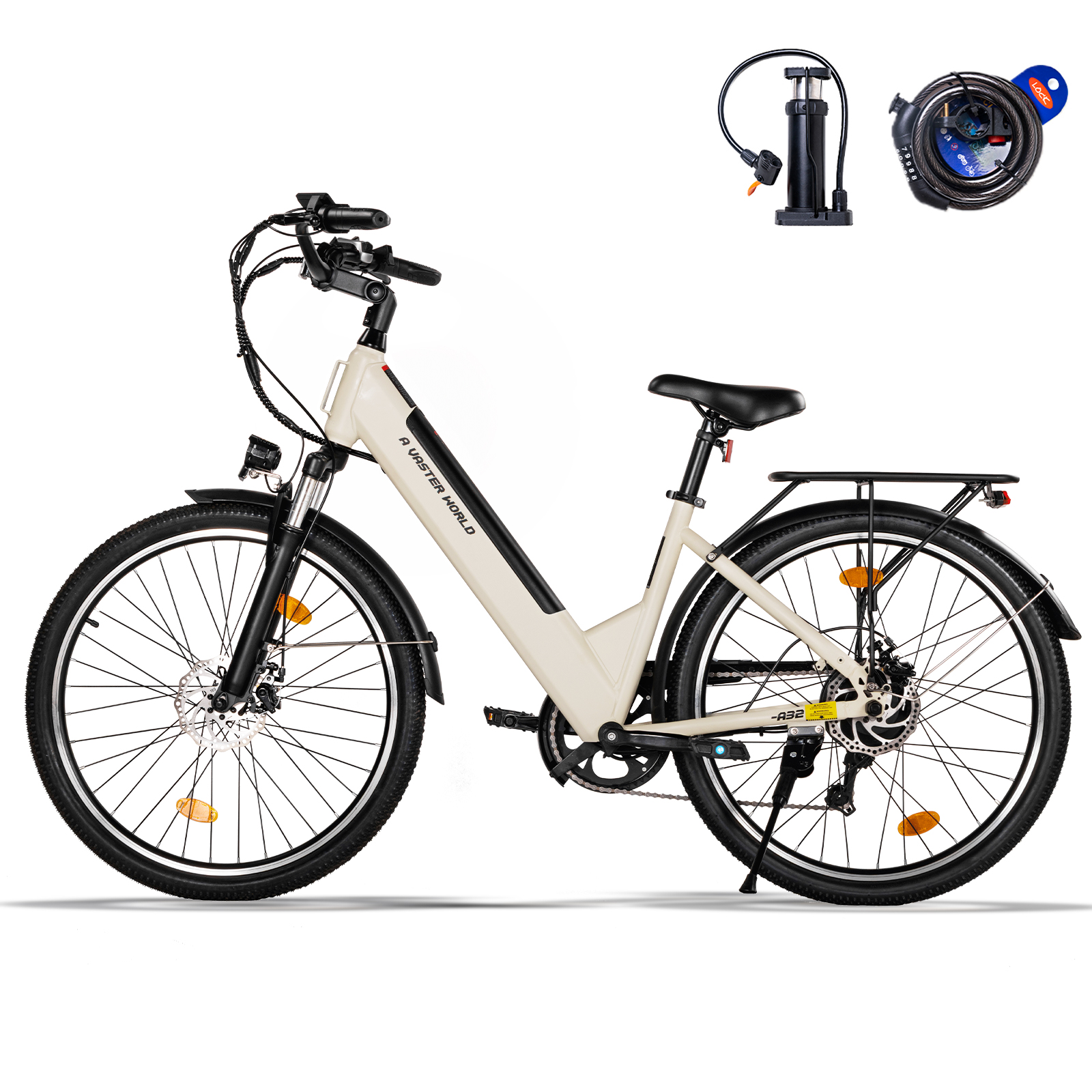 Bicicletta elettrica beige con portapacchi, pompa e lucchetto.