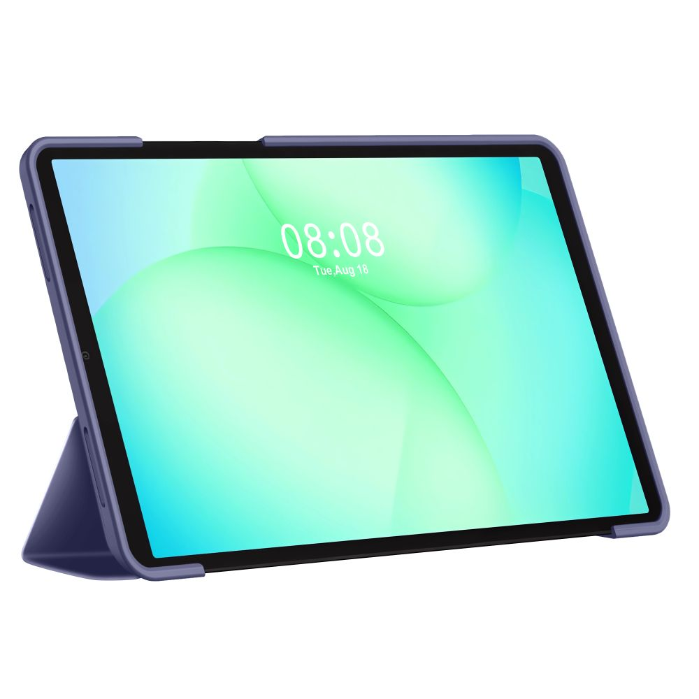 Tablet in einer blauen Schutzhülle mit grünem Display-Hintergrund und der Uhrzeit 08:08.