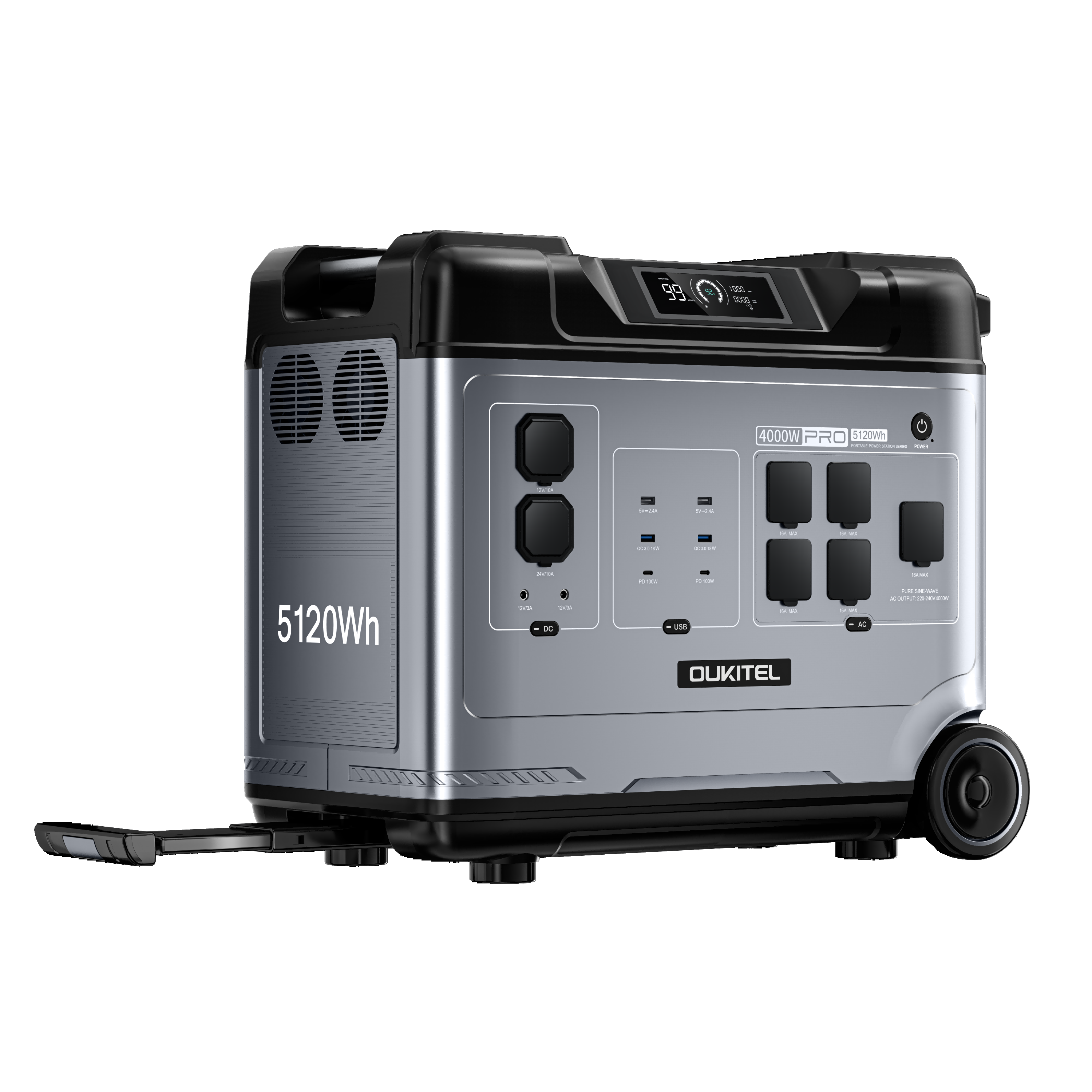 Silber-schwarze Oukitel 4000W Pro Powerstation mit mehreren AC- und DC-Ausgängen und Rädern.