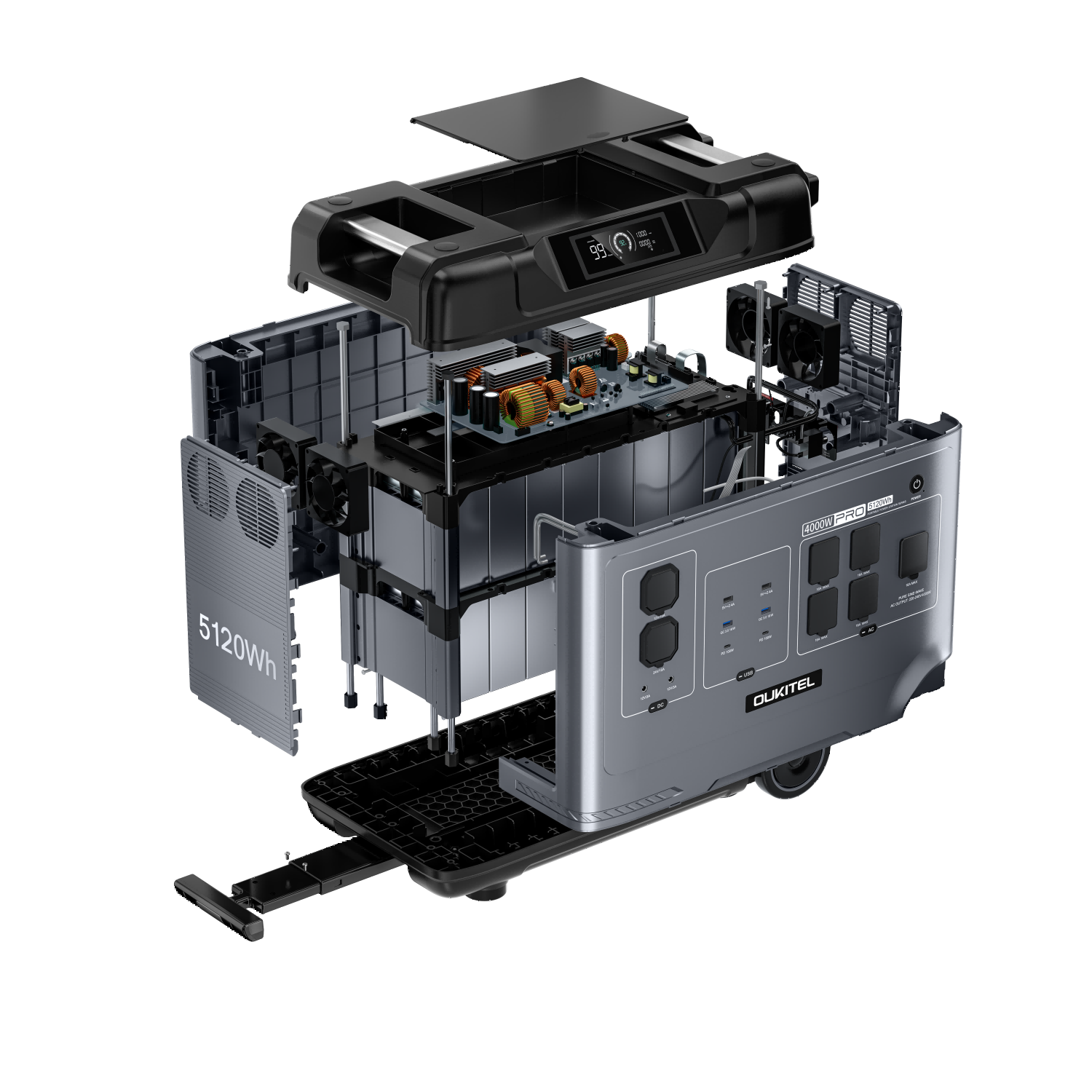 Explosionsdarstellung einer tragbaren Powerstation mit internen Batterien, Platine, Lüftern und Gehäuse.