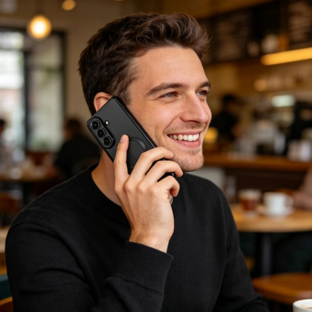 Ein junger Mann mit dunklen Haaren und schwarzem Pullover telefoniert lächelnd in einem Café.