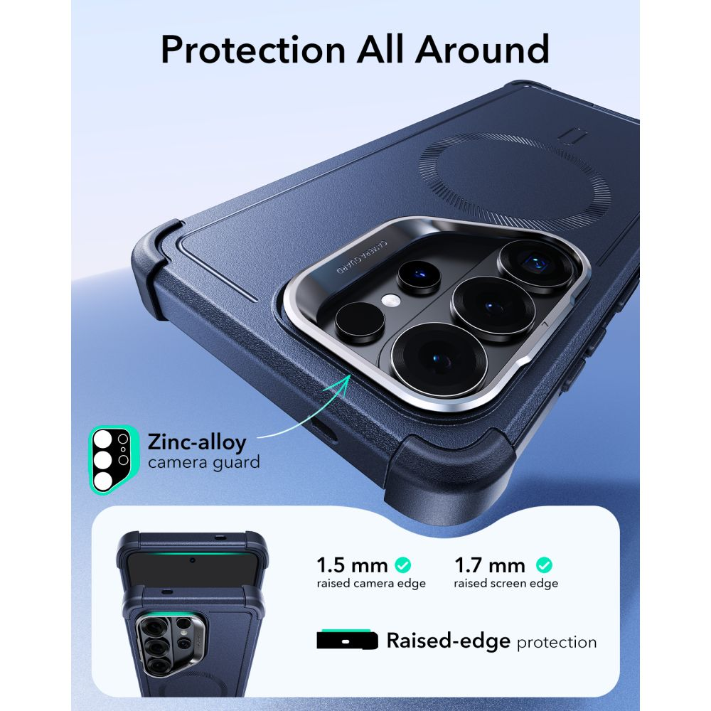 Çinko alaşımlı kamera korumalı, yükseltilmiş kenarlı ve Protection All Around yazılı mavi telefon kılıfı.