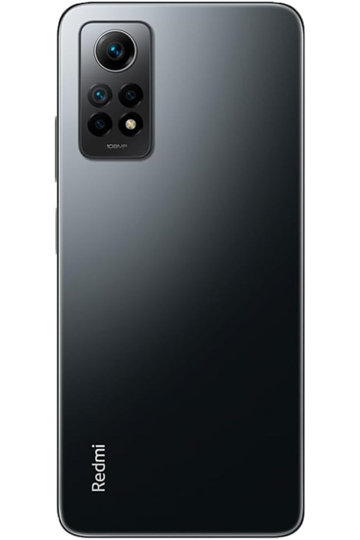 Sol üstte dörtlü kamera modülü ve altta Redmi logosu olan gri bir Redmi akıllı telefonun arkası.