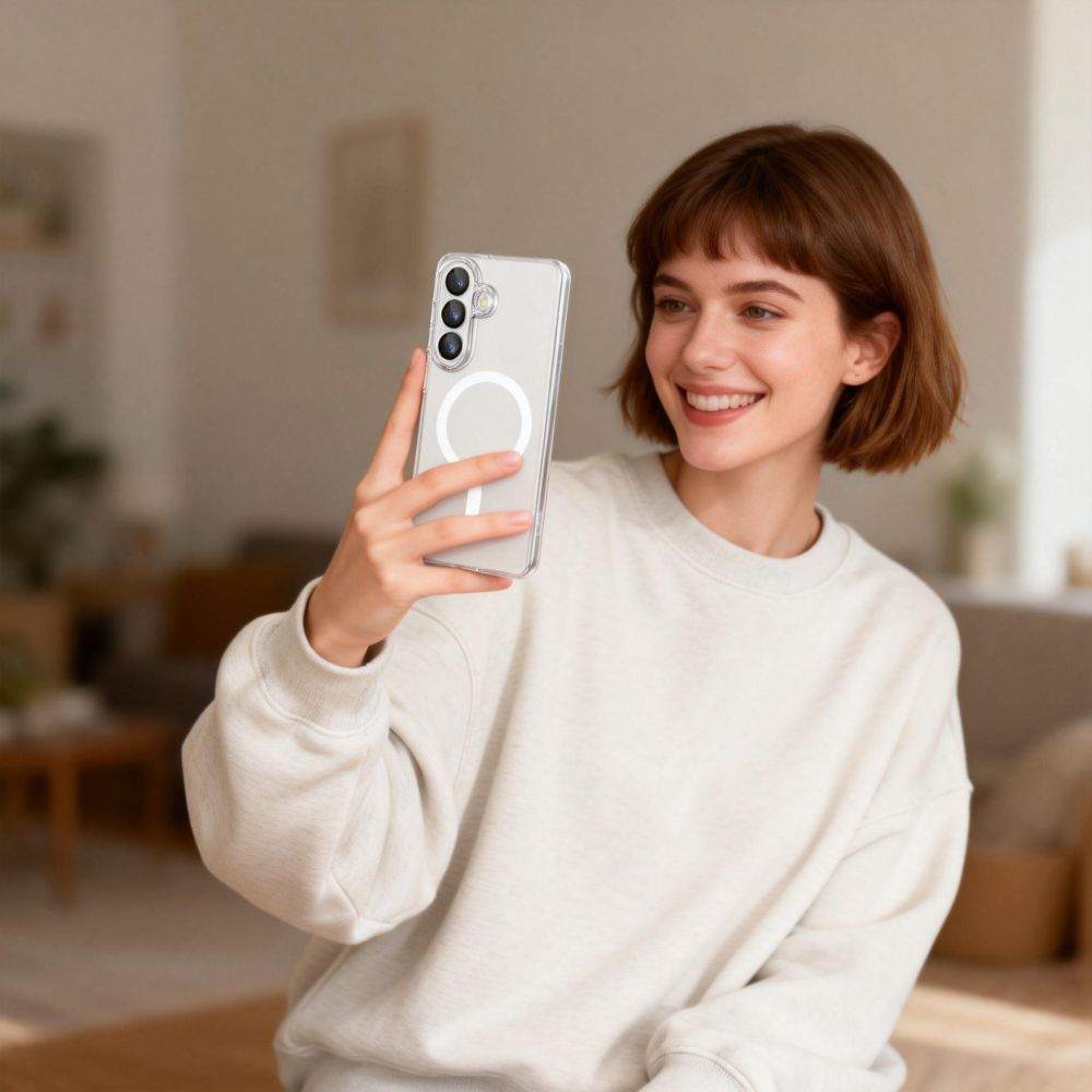 Eine lächelnde Frau mit kurzem braunen Haar macht ein Selfie mit einem Smartphone in einer transparenten Hülle.