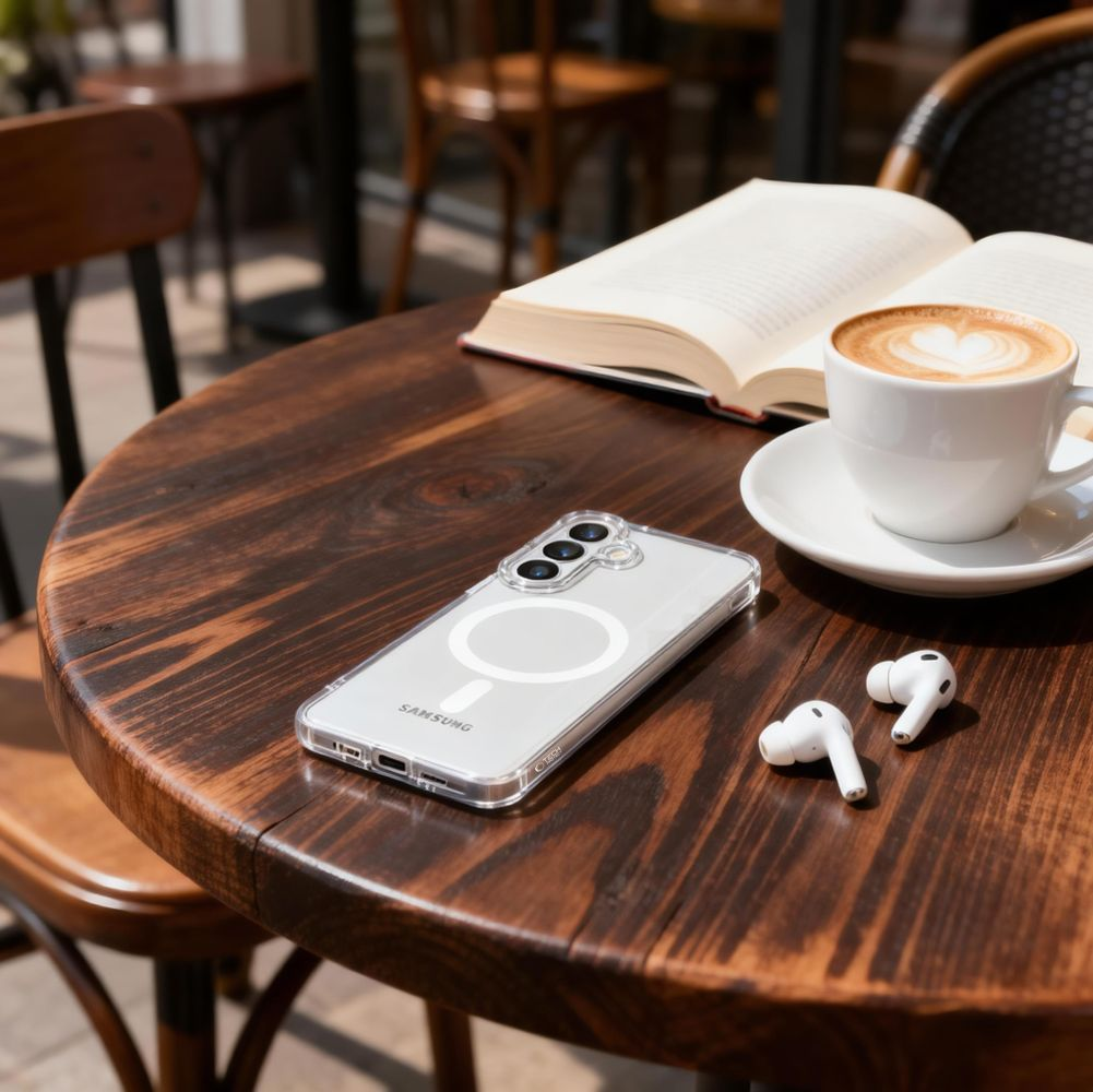 Ein Smartphone in Schutzhülle, Kopfhörer, Cappuccino und ein offenes Buch liegen auf einem Holztisch.