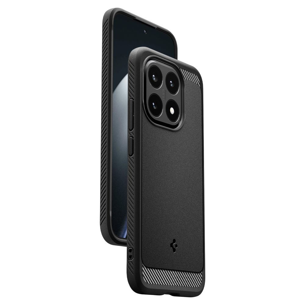 Uno smartphone nero in una custodia protettiva robusta, visto da davanti e da dietro su sfondo bianco.