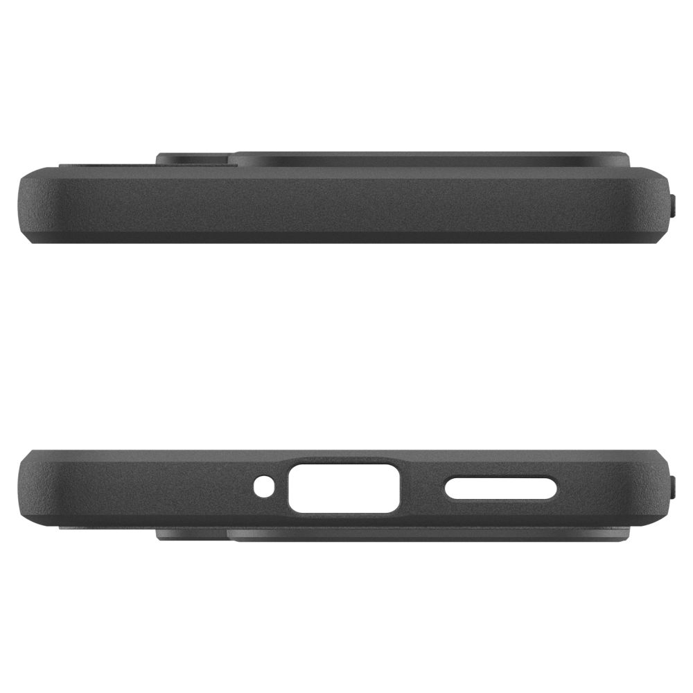 Vista superiore e inferiore di una custodia per smartphone nera su sfondo bianco.