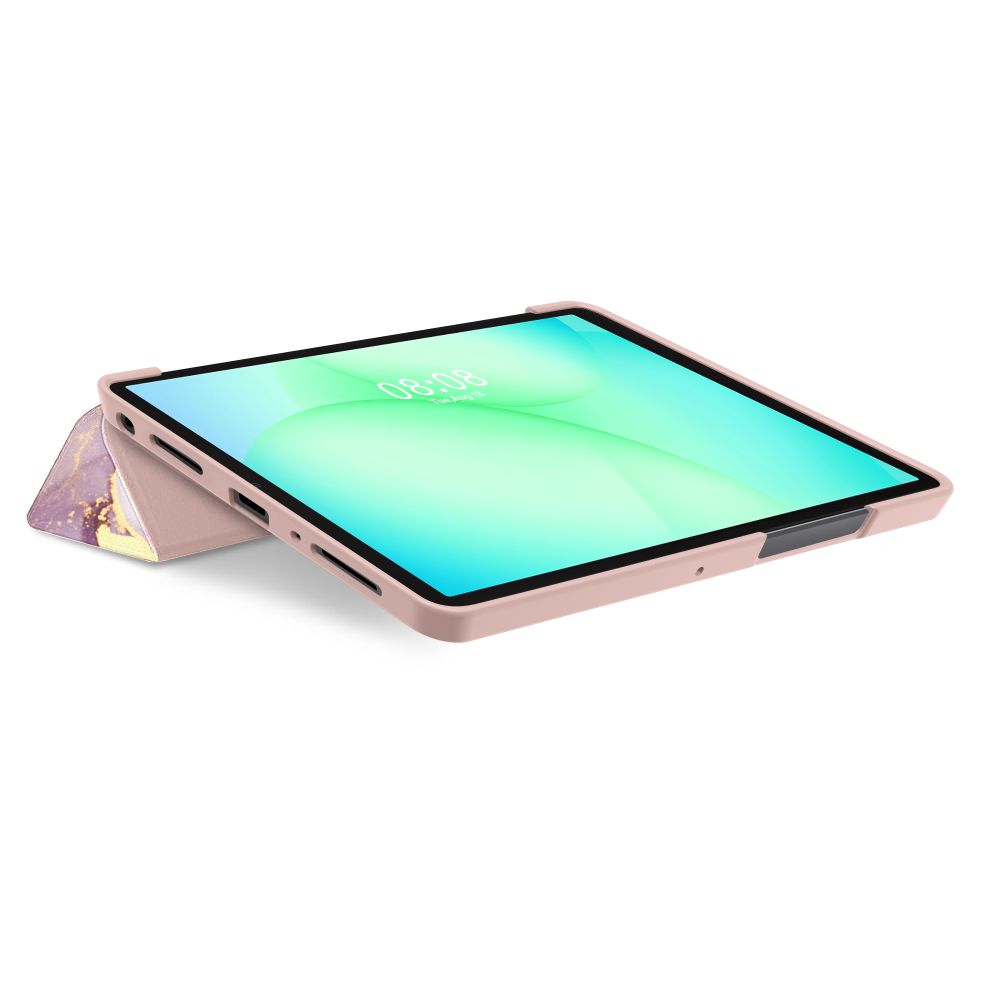 Un tablet in custodia rosa su sfondo bianco con schermo colorato.