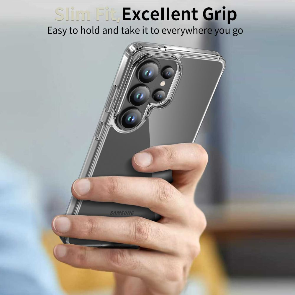 Eine Hand hält ein Smartphone in einer klaren Schutzhülle, der Text lautet 'Slim Fit, Excellent Grip'.
