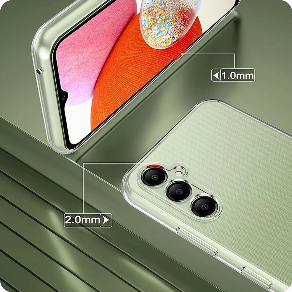 Grünes Smartphone in Schutzhülle mit Maßangaben von 1,0 mm und 2,0 mm für Bildschirm und Kamera.
