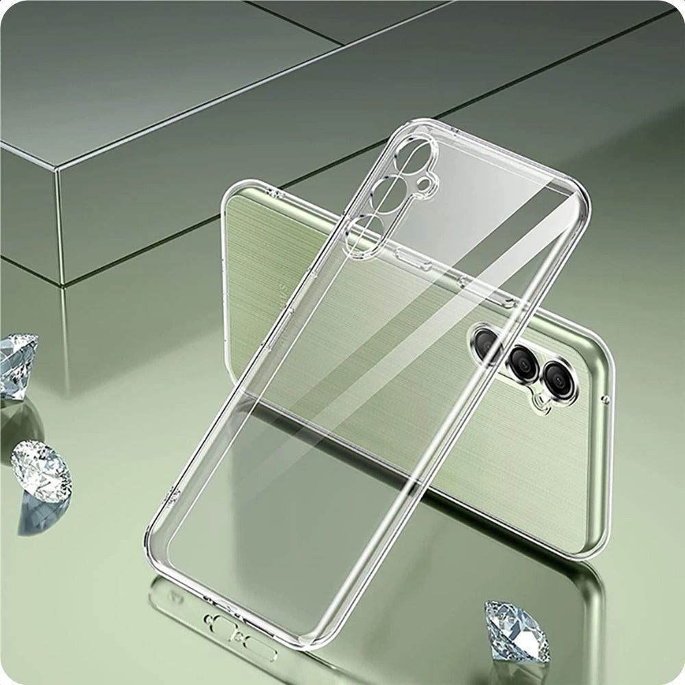 Eine grüne Handyhülle und eine transparente Hülle auf einer glänzenden Oberfläche mit kleinen Diamanten.