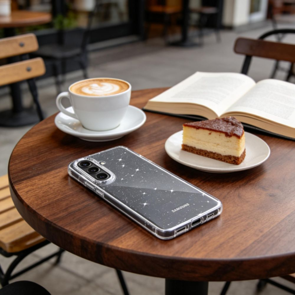 Glitzernde Handyhülle, Kaffeetasse, Käsekuchenstück und offenes Buch auf einem runden Holztisch im Café.