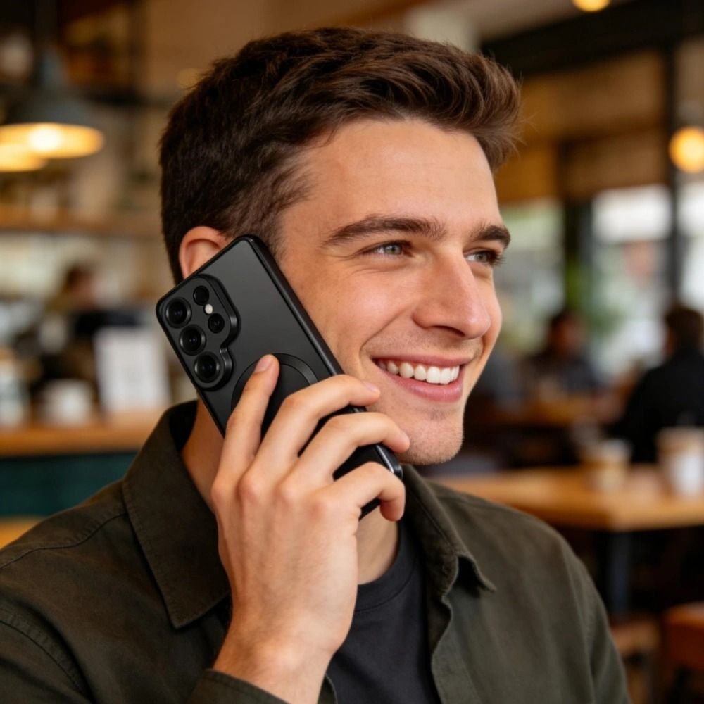 Ein lächelnder junger Mann mit braunen Haaren telefoniert in einem Café mit seinem Smartphone.