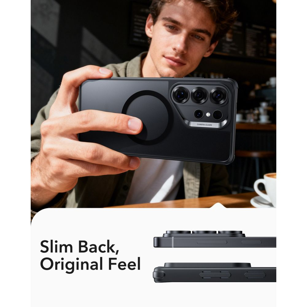 Ein Mann hält ein schwarzes Smartphone mit einer Magnethülle, darunter seitliche Ansichten und der Text Slim Back.