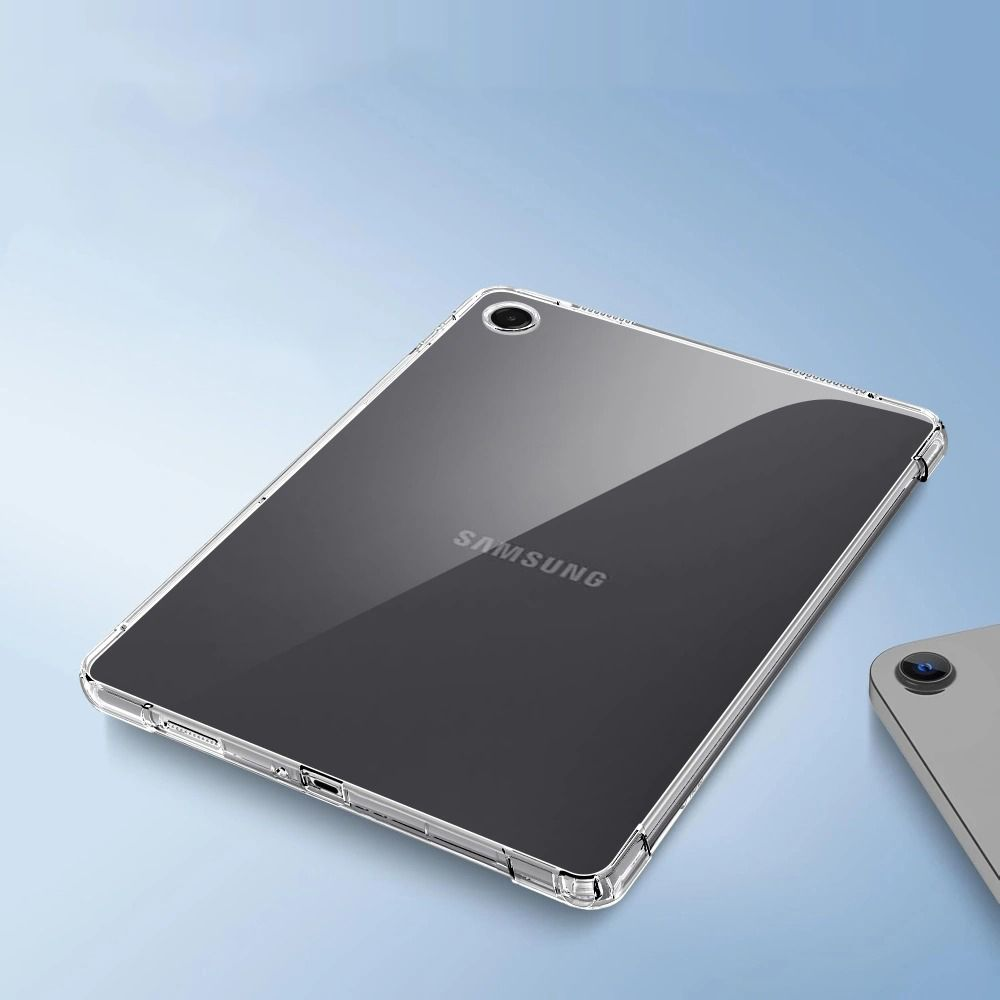 Un tablet Samsung nero in una custodia protettiva trasparente su sfondo azzurro.