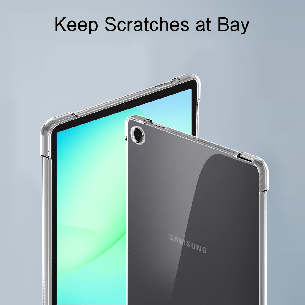 Due tablet Samsung in custodie protettive trasparenti su sfondo azzurro.