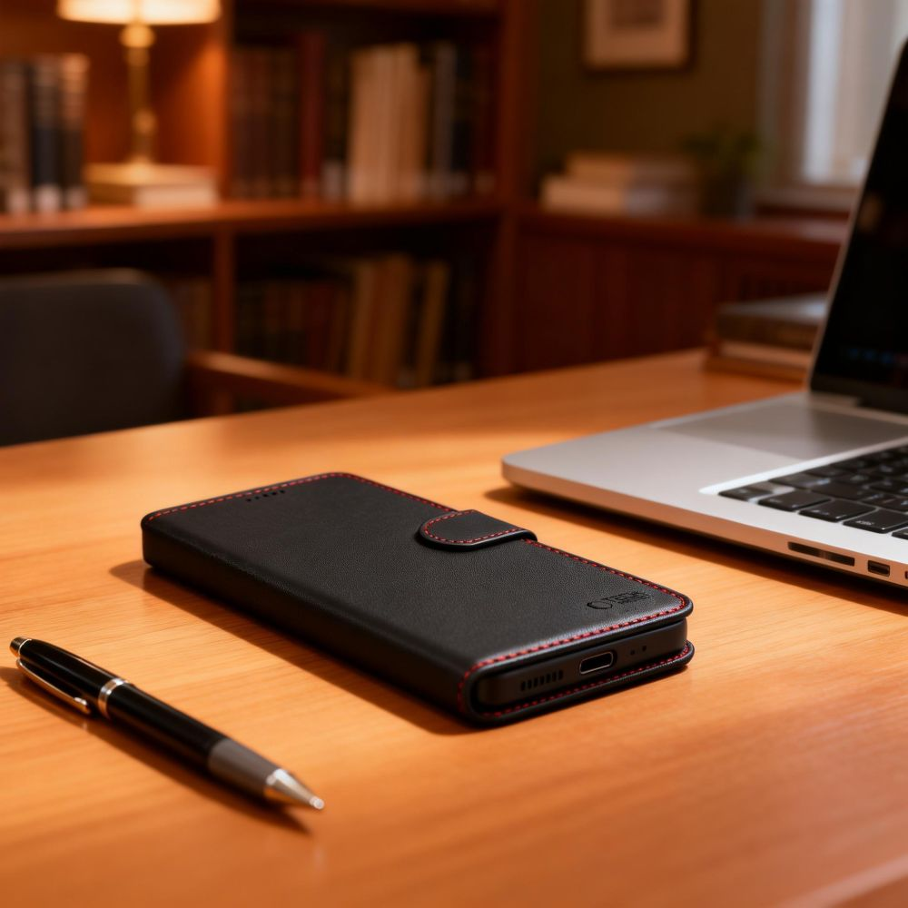 Schwarze Leder-Handyhülle mit roten Nähten auf einem Holzschreibtisch neben einem Laptop und einem Stift.