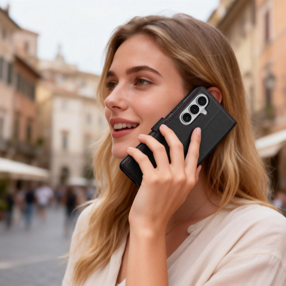 Eine blonde Frau lächelt, während sie im Freien auf einer verschwommenen Stadtstraße mit einem Smartphone telefoniert.