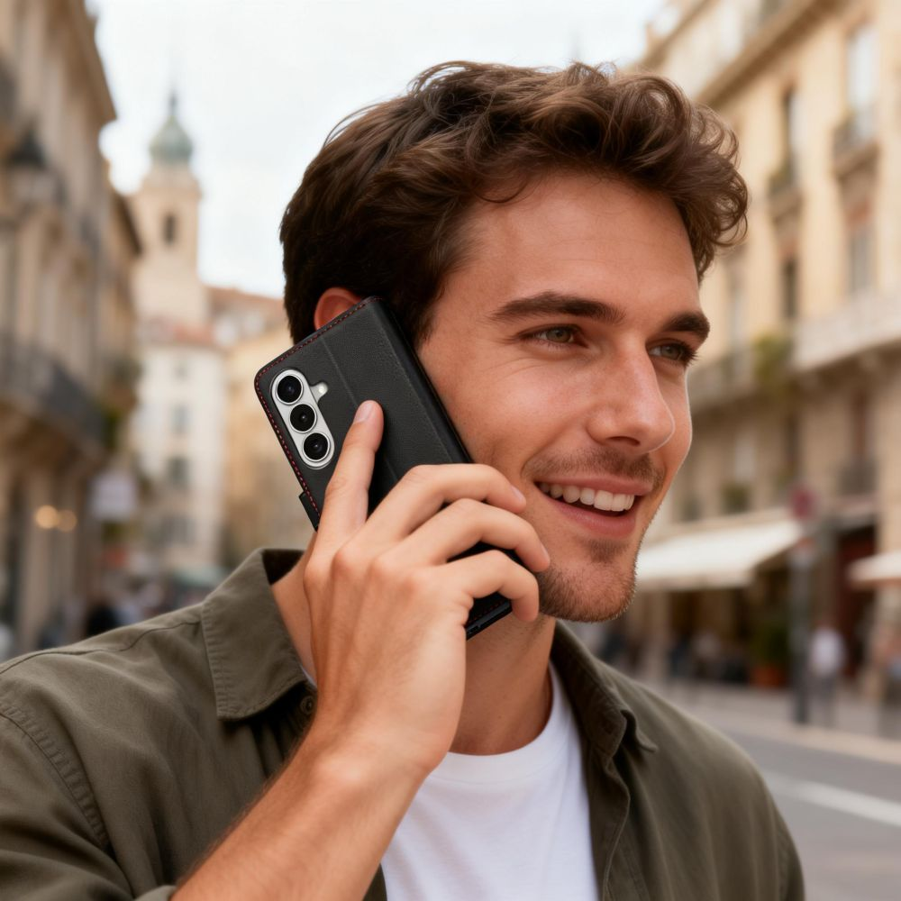 Ein lächelnder Mann telefoniert mit einem schwarzen Smartphone vor einer verschwommenen Straßennisse.