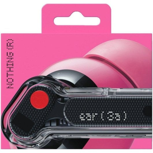 Caja rosa con auriculares Nothing Ear, botón rojo y detalles transparentes.