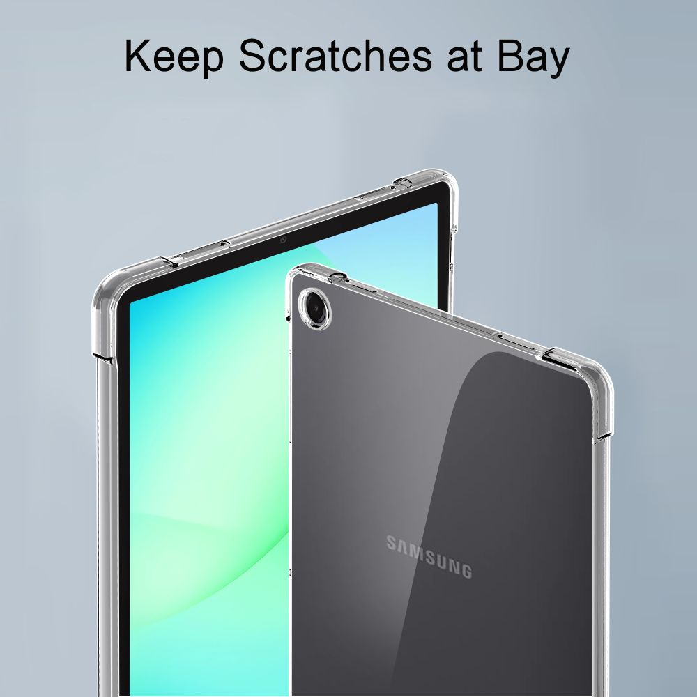 Un tablet Samsung in una custodia protettiva trasparente su sfondo chiaro, con la scritta Keep Scratches at Bay.