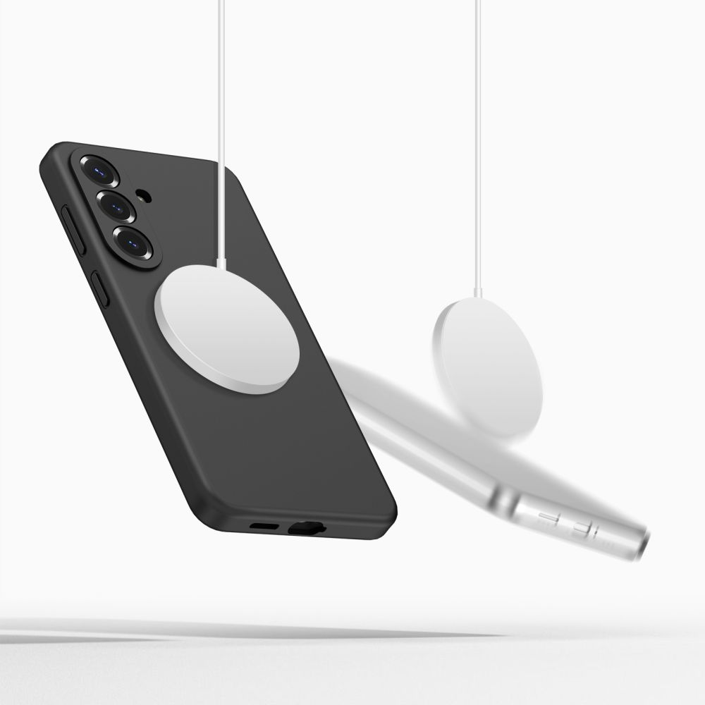 Ein schwarzes Smartphone mit einer kabellosen Ladestation, die magnetisch auf der Rückseite haftet.