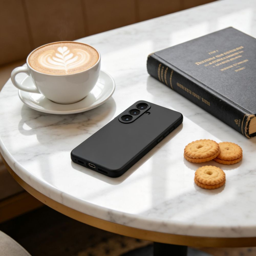 Ein schwarzes Smartphone, eine Tasse Latte, ein Buch und drei Kekse auf einem weißen Marmortisch.