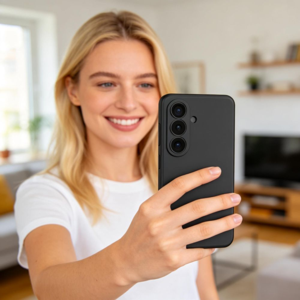 Eine blonde Frau in einem weißen T-Shirt hält ein schwarzes Smartphone und macht ein Selfie in einem Wohnzimmer.