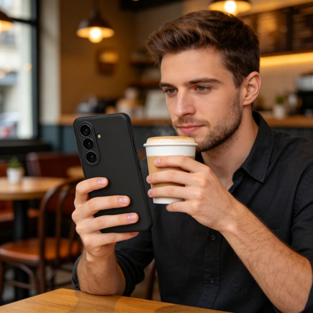 Ein Mann in einem Café hält ein Smartphone und einen Kaffeebecher.