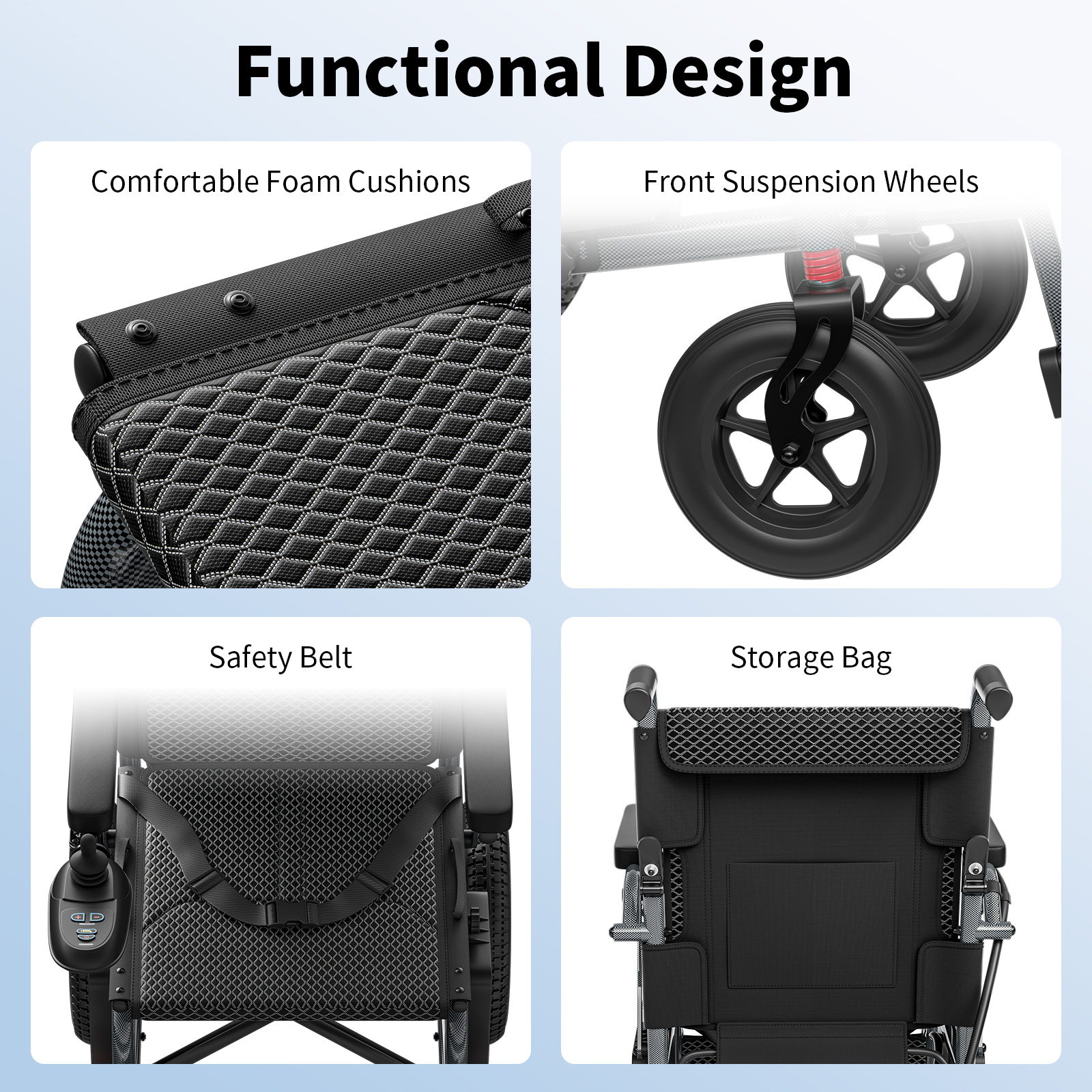 Quattro pannelli mostrano le caratteristiche di design funzionale di una sedia a rotelle: cuscini, ruote, cintura e borsa.