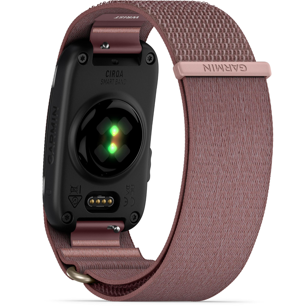 Parte posterior de un smartwatch Garmin negro con sensor verde y correa de tela rosa.