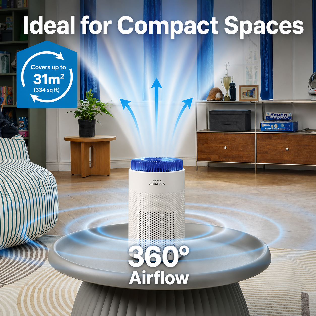Weißer Coway Airmega Luftreiniger auf einem grauen Tisch mit blauen Luftstrompfeilen.