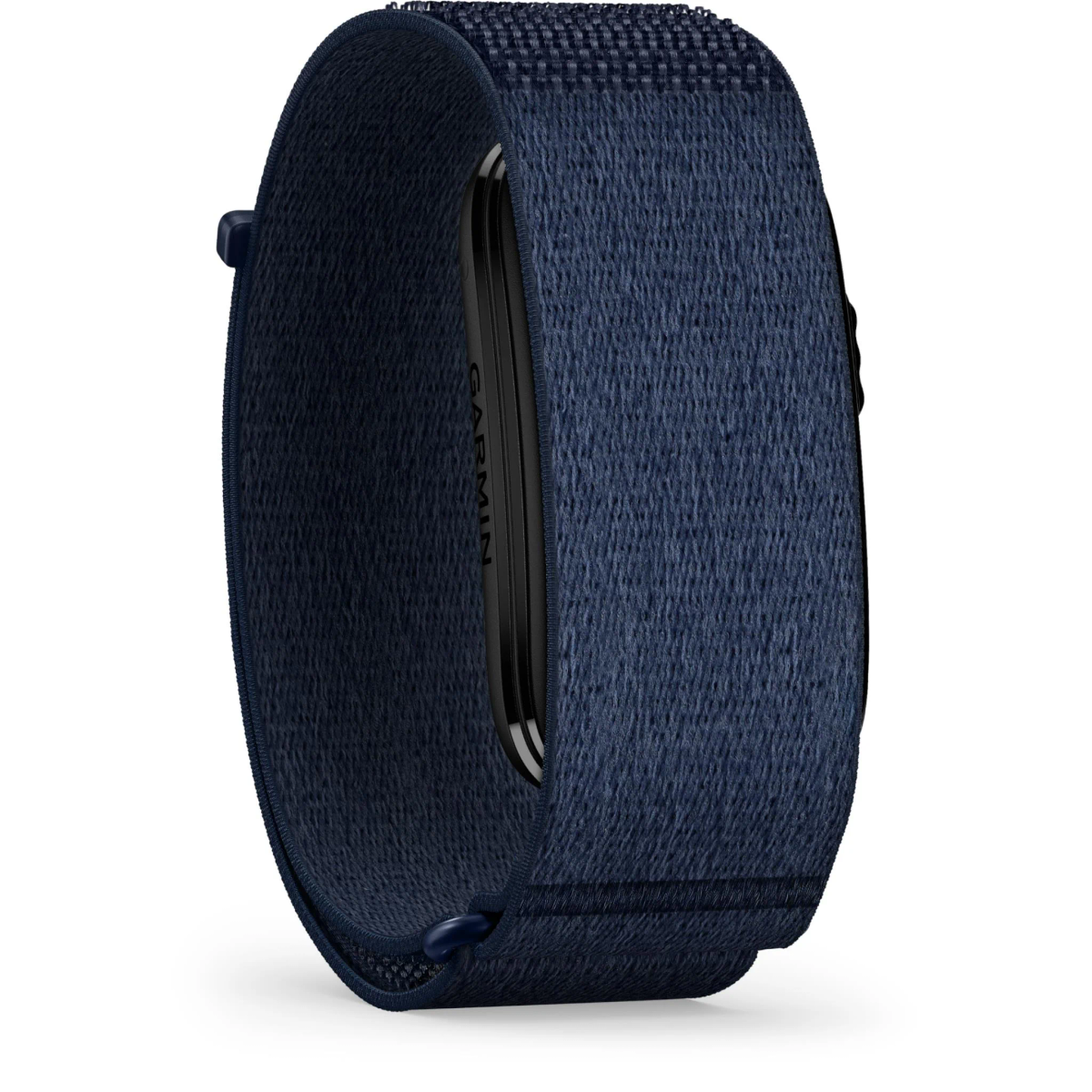 Una correa de reloj de tela azul oscuro con una cápsula de seguimiento negra sobre fondo blanco.
