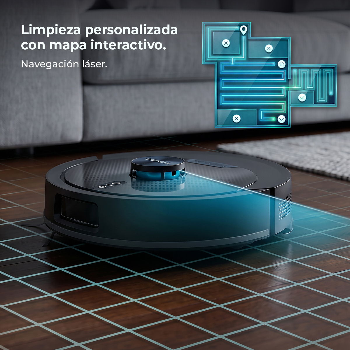 Robot aspirador en suelo de madera con mapa láser digital superpuesto.