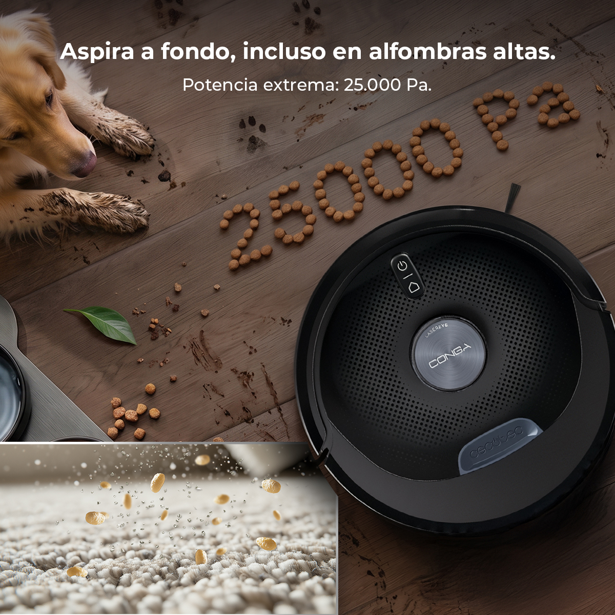 Un robot aspirador negro en suelo de madera junto a un perro, con pienso formando 25000 Pa.