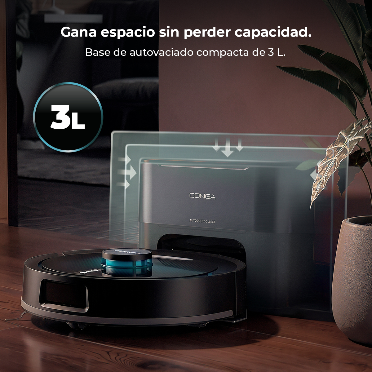 Un robot aspirador negro se acopla a una base compacta autovaciado de 3L, junto a una planta.